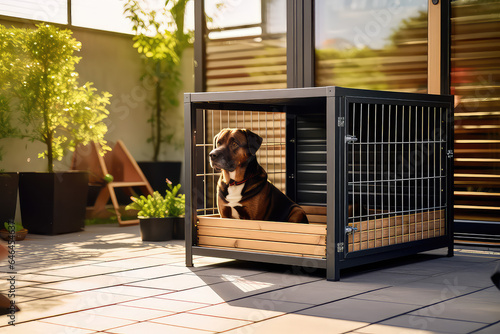 Medium sized metal dog crate in the garden, outside. Sunny day. Beautiful dog sitting in the pet cage. 