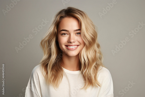 Generative AI illustration collage charming blonde woman smiling white teeth good mood isolated pastel color wall background
