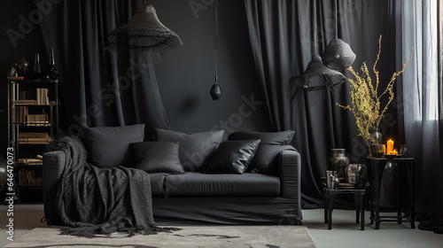 Czarny pokój z sofą zasłonami i poduszkami