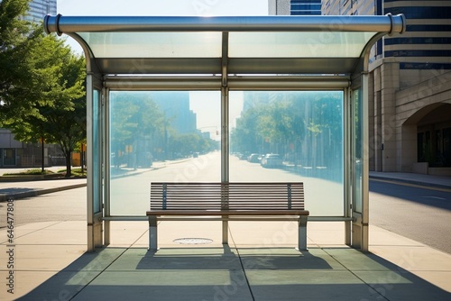 Photo of a public transit shelter. Roadside, pavement, seating. Generative AI