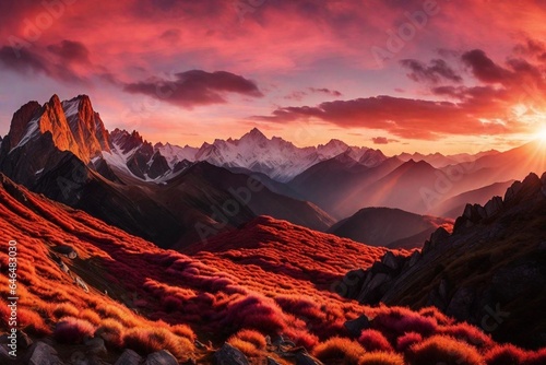 A panoramic view of a mountain range at sunrise, with the first light of day painting the peaks in shades of pink and orange.
