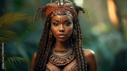 African young beautiful young woman with painted face close up in the forest