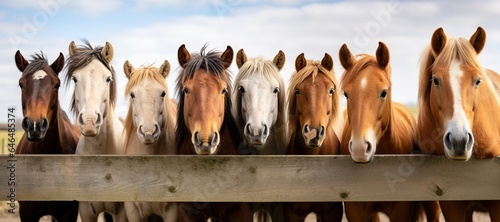 lineup of horses - horses putting their heads together - equestrian group - horses on a field behind a fence - generative ai