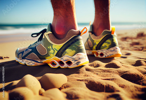 Male legs wearing sports sneakers. Sports activities on the beach. Abstract illustration.
