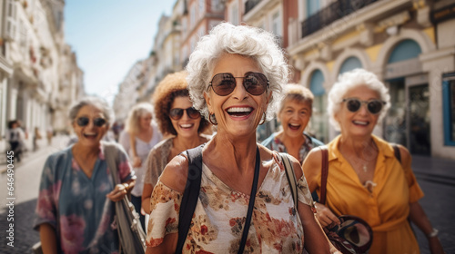 Happy 70 years old female multi-racial group walking with travel bag in the street of an european city. Senior people and mature travel.