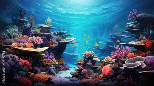 Underwater sea world. Ecosystem. Bright multi-colored corals on the ocean floor