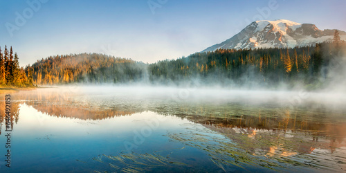 Morning mist over Reflection Lake in Washington state's Mount Rainier National Park
