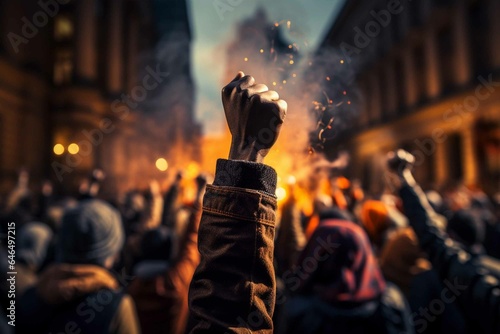 Raised fist of afro american man in large angry protest riot crowd of people