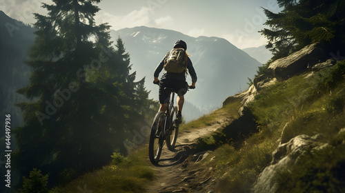 mountain biking woman riding on bike in summer mountains forest landscape, Generative AI
