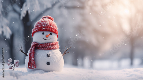 Happy snowman in winter scenery, Merry Christmas background, copy space, greeting card