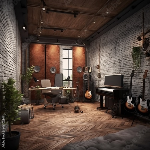 Empty wooden music recording studio with guitar and music equipment. AI generated