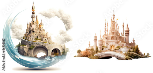 Set of fantasy castles, isolated on transparent background. Fairytale illustration