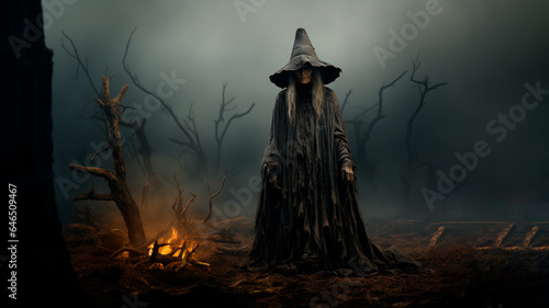 Halloween sinister enchantress. An witch in a forest at night. Generative AI