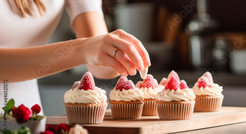 Pastry chef confection muffins with raspberries. Woman decorating cupcakes with fresh berries. Close-up, space for text, digital ai 
