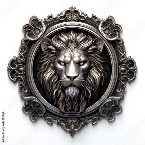 Lion head emblem illustration with silver details. Generative AI