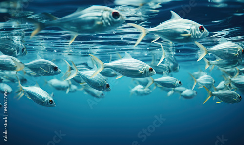 A group of fish swims in clear water.