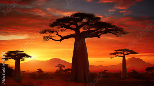 Illustration with the sunset in a baobab forest with hills illuminated by the setting sun on the background.