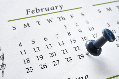 A pushpin marking Leap Year Day, February 29, on a calendar