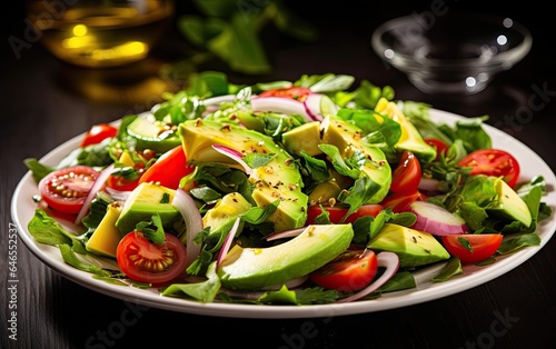 Healthy salad with avocado, tomatoes, and herbs 