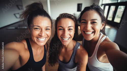 Female friends in fitness clothing happily enjoying taking selfie at a gym. Generation AI