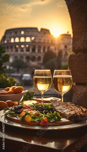 Mesa de restaurante elegante en Italia, cerca del Coliseo Romano. Comida típica italiana. Surtido de tapas y canapés en la mesa del bar. Luz tenue y ambiente romántico. IA generada.