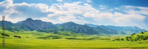 A beautiful dramatic mountain skyline with green valley in a rocky mountain setting, wide open panoramic area