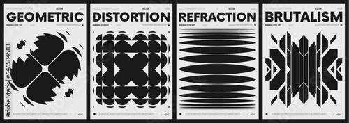 Modern abstract poster collection, vector minimalist posters with geometric shapes in black and white, brutalist style inspired graphics, bold aesthetic, shape distortion effect