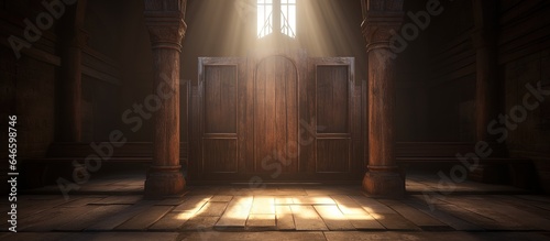 Unoccupied wooden confessional in the sunlight of the aged church.