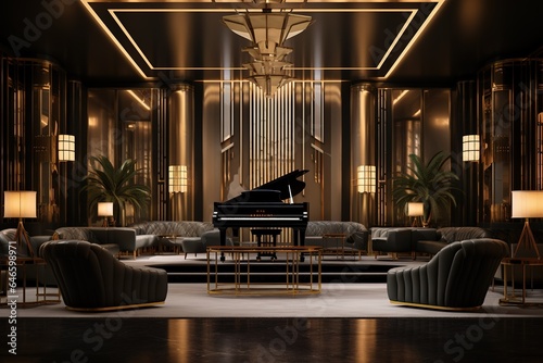 Art Deco Jazz Club with a grand piano, velvet banquettes, brass details, and a jazzy, Art Deco ambiance. Art Deco jazz club home decor. Template
