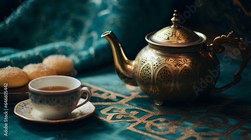 Rich teal and gold tones highlighting a Moroccan tea set on a patterned rug. Traditional national culture concept. generative AI