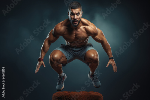 A fitness enthusiast practices a primal squat and jump combination, integrating explosive movements for cardiovascular fitness. Generative Ai.