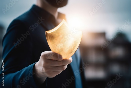 Businessman holding shield protect icon, Security protection and health insurance. The concept of family home, foster care, homeless support, protection, health care day and home school, Generative AI