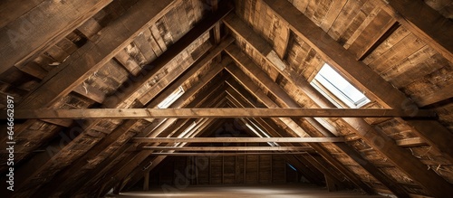 Brown truss with cracked wood seen in attic; walls lined with OSB boards.