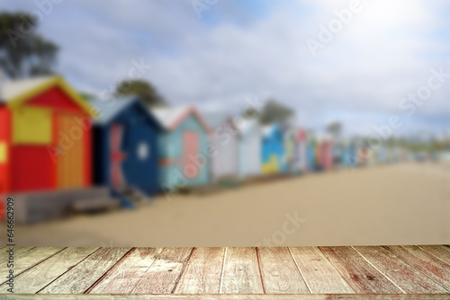 Textured Tabletop Against bathing box on the beach. 