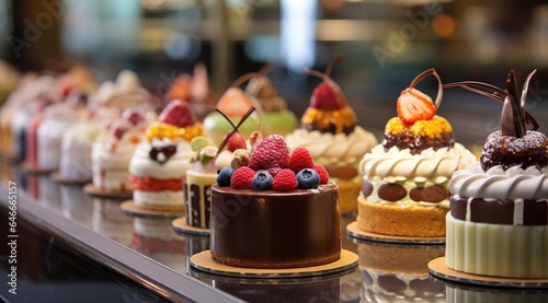 Small cakes on display at the patisserie counter.