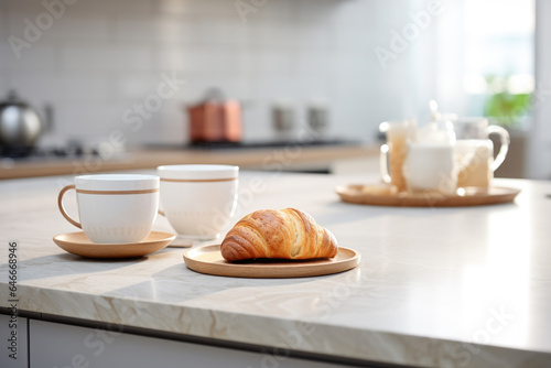Delightful plate of freshly baked croissants accompanied by steaming cup of coffee. Perfect for cozy breakfast or brunch setting.