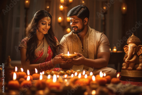Young indian couple in traditional wear and doing puja in diwali festival.