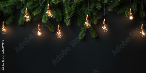 Christmas light bulbs with fir branches on a dark shale background