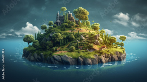 Fantasy island in the sea. 3d render illustration. generative ai