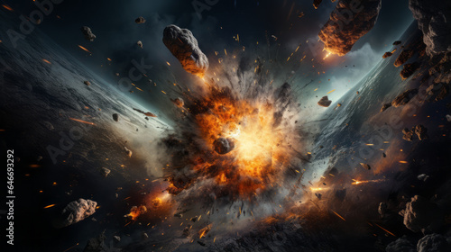 Apocalypse in space, destroying cosmic object.Combat rocket takes the planet.