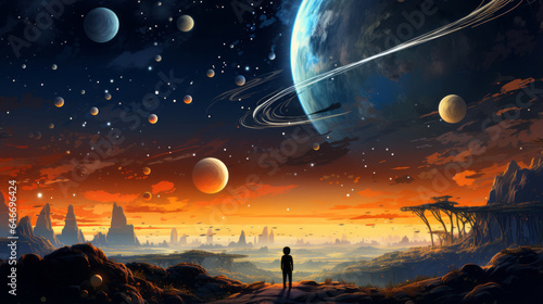 vector art of Children's illustration space, space landscape. wide angle lens realistic lighting