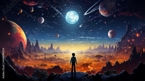 vector art of Children's illustration space, space landscape. wide angle lens realistic lighting