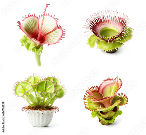 Image group of venus flytrap orchid flower on white background. Nature. Illustration, Generative AI.