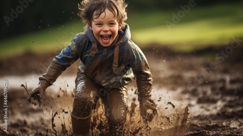 Super excited young child jumping in a puddle of mud outdoors