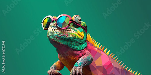 Generative AI. Chameleon wearing sunglasses on a solid color background, vector art, digital art, faceted, minimal, abstract, panorama background.