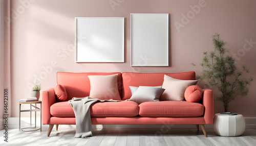 Modern living room simple interior design with pastel red fabric sofa and cushions and blank poster frame