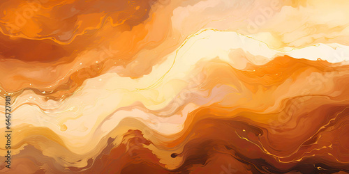 Dynamic marbled oil and acrylic abstract art. orange, yellow and cream blend fluidly, forming a captivating, marbled paper texture. Ideal for wallpapers, banners, and illustrations.
