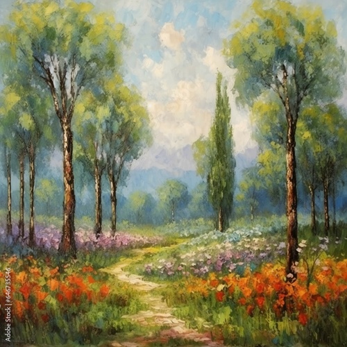 an painting showing trees and flowers, in the style of impressionist-landscapes