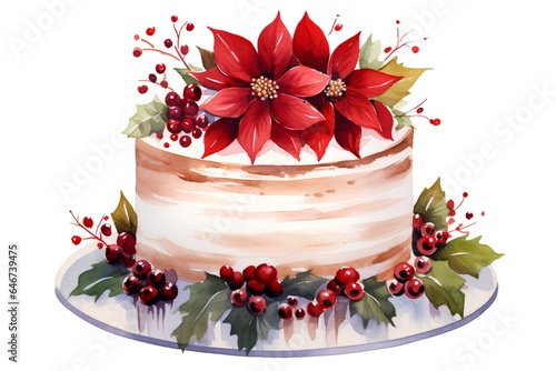 Watercolor Christmas cake with poinsettia and berries. Hand drawn illustration