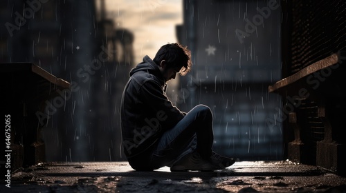 silhouette of a depressed man sitting on the roof of a residential building, embodying loneliness, sadness, and despair.